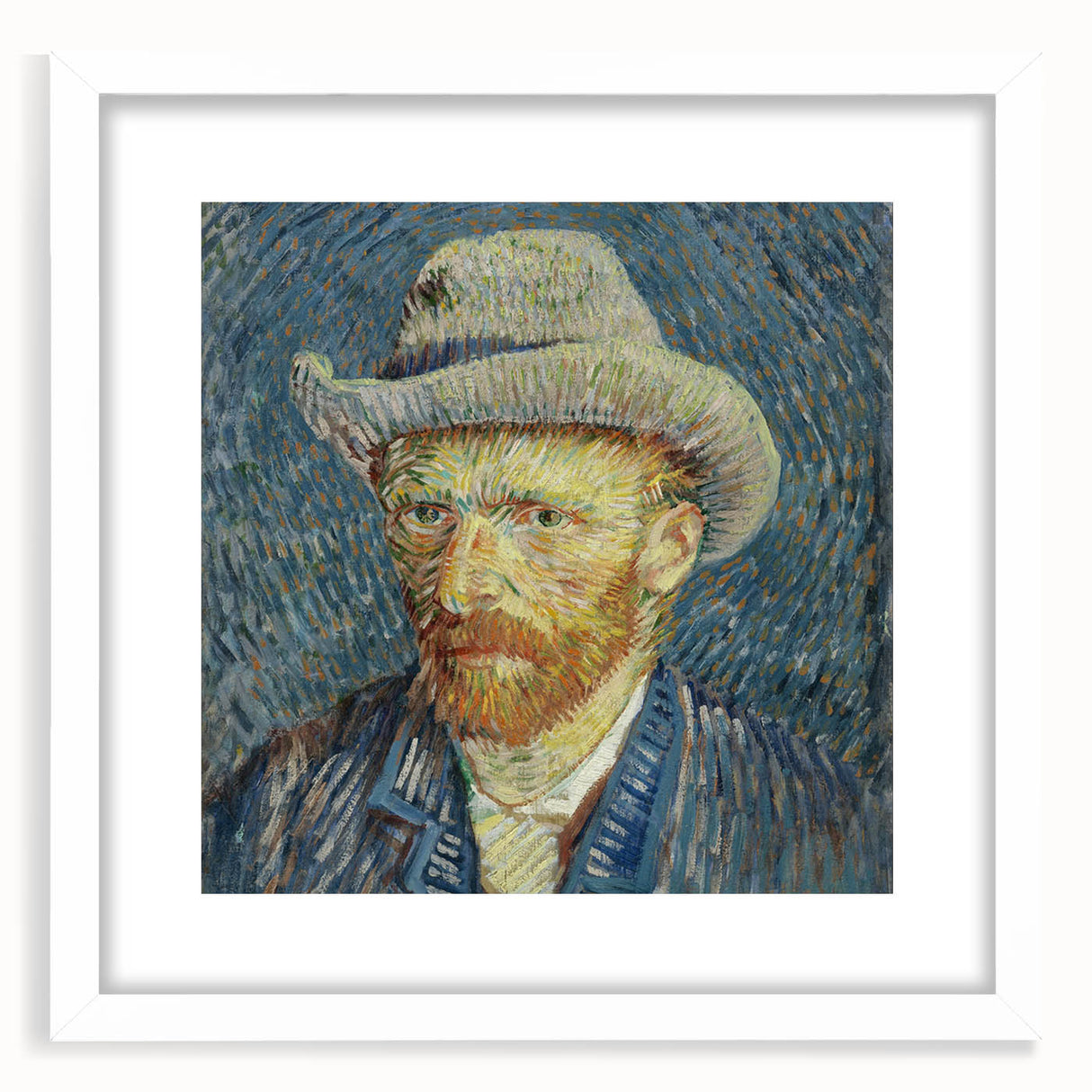 Textured abstract art print depicting swirling blue and yellow patterns, framed in white, suitable for bedroom decor.