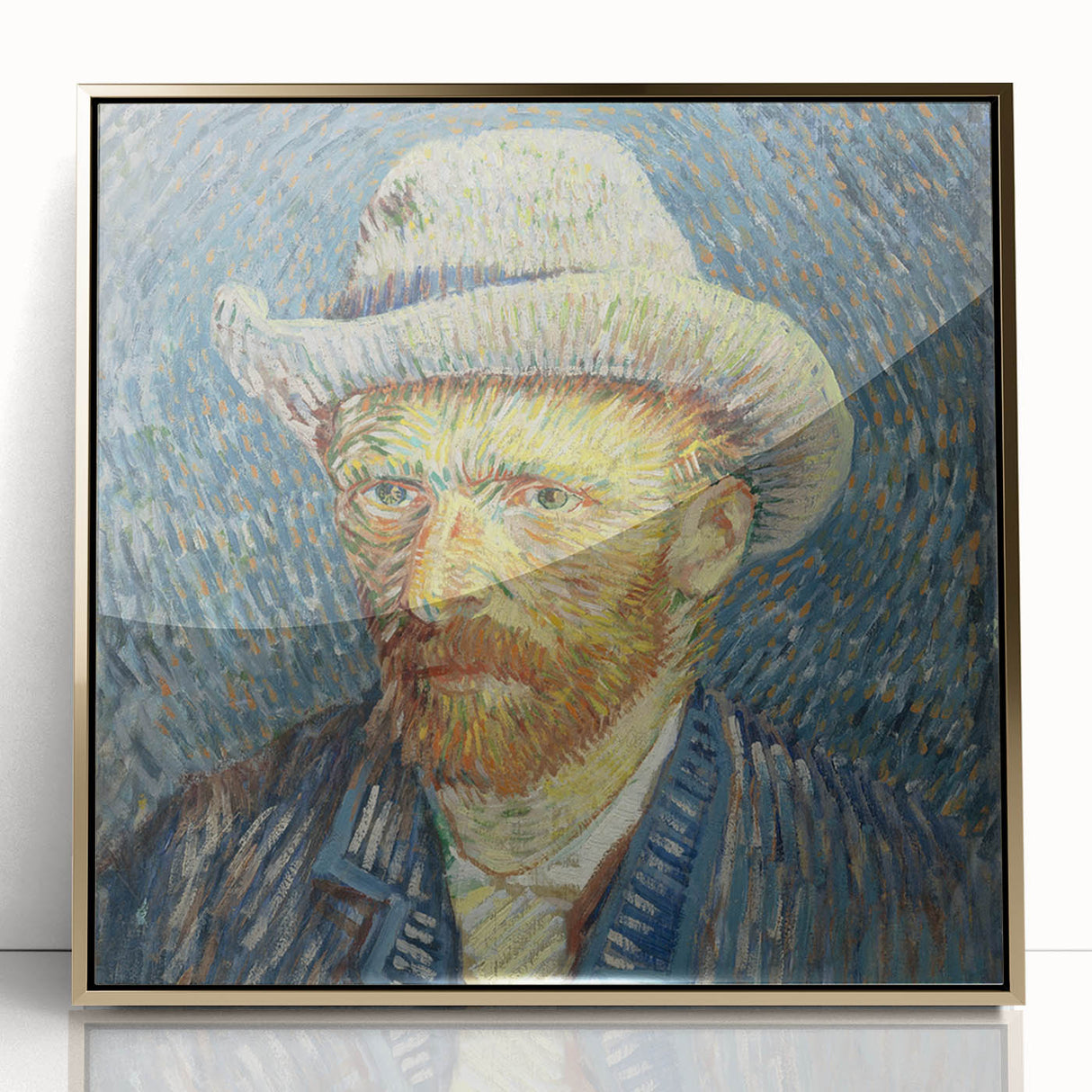 Art Deco style poster of a Van Gogh painting in a gold frame, featuring vibrant blues and yellows.