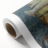 Art deco poster of Van Gogh's Starry Night in muted blue and yellow tones on rolled canvas, ideal for nursery wall art.