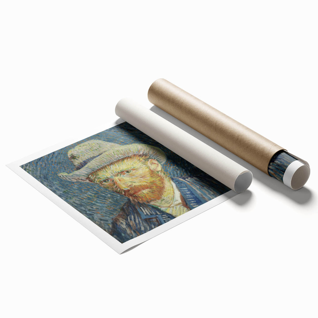 Vincent van Gogh-inspired floral art on rolled canvas, featuring vibrant blue and yellow tones.