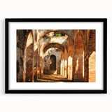 Framed landscape artwork showcasing a majestic castle scene, highlighted by a black mat and sleek black frame, perfect for enhancing home decor.