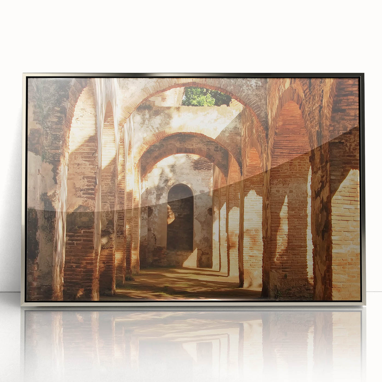 Framed acrylic artwork showcasing a detailed landscape with a castle, featuring a silver border and vibrant colors, ideal for home decor or gallery display.