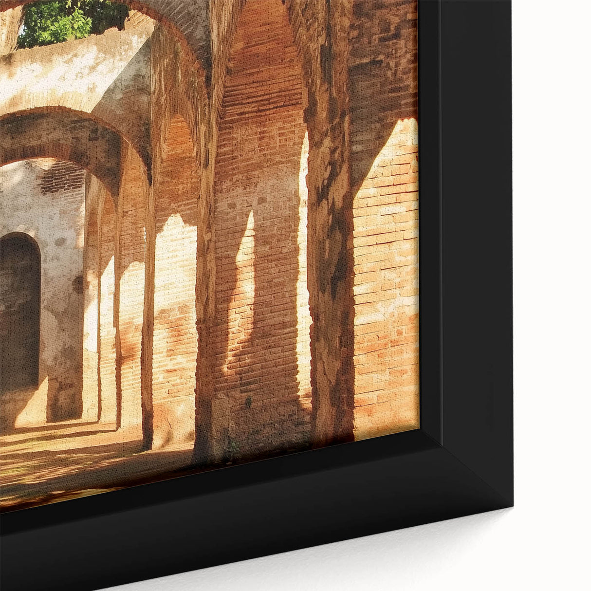Close-up of a framed canvas featuring a vibrant landscape painting of a majestic castle surrounded by lush greenery, showcasing rich colors and intricate details, perfect for home decor.