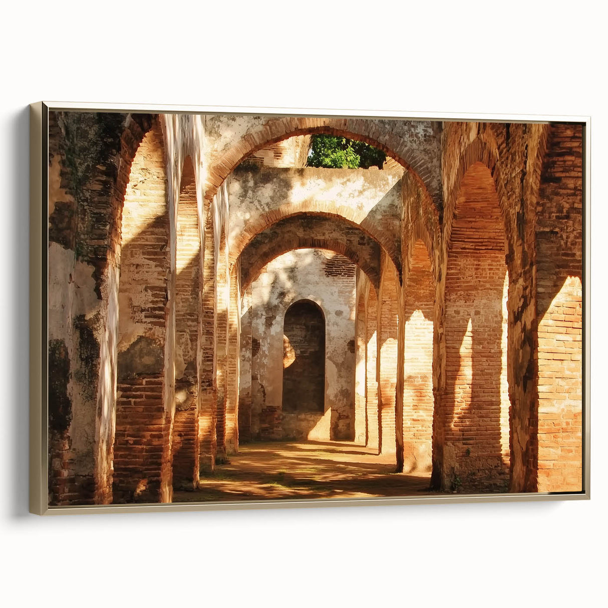 Framed canvas artwork depicting a picturesque landscape with a castle, featuring a gold frame and side view that highlights its elegant design, ideal for home decor.