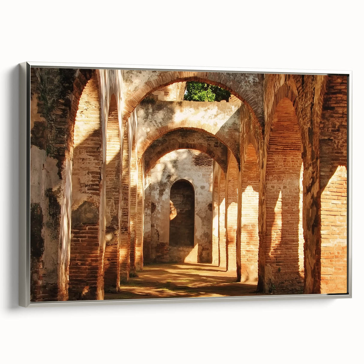Framed canvas artwork showcasing a majestic landscape with a castle, highlighted by a silver frame, ideal for enhancing home decor with elegance.