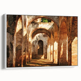 Framed landscape canvas art depicting a serene castle scene surrounded by lush greenery and a clear blue sky, showcased from a white side view.