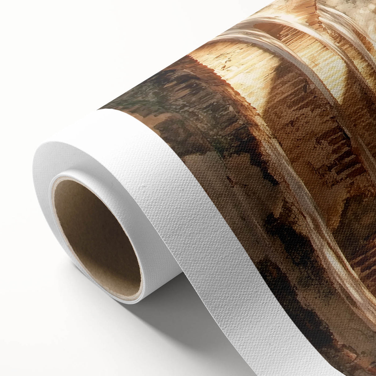 Rolled canvas artwork depicting a serene landscape featuring a majestic castle surrounded by lush greenery, ideal for enhancing interior decor.