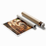 Rolled print showcasing a picturesque landscape with a majestic castle nestled among vibrant hills, elegantly packaged in a protective cardboard tube for safe shipping.