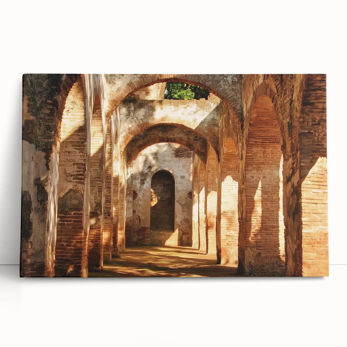 Stretched canvas artwork depicting a serene landscape with a majestic castle nestled among lush greenery, ideal for adding elegance to home decor. This piece combines vibrant colors and intricate details to create a captivating focal point in any room.