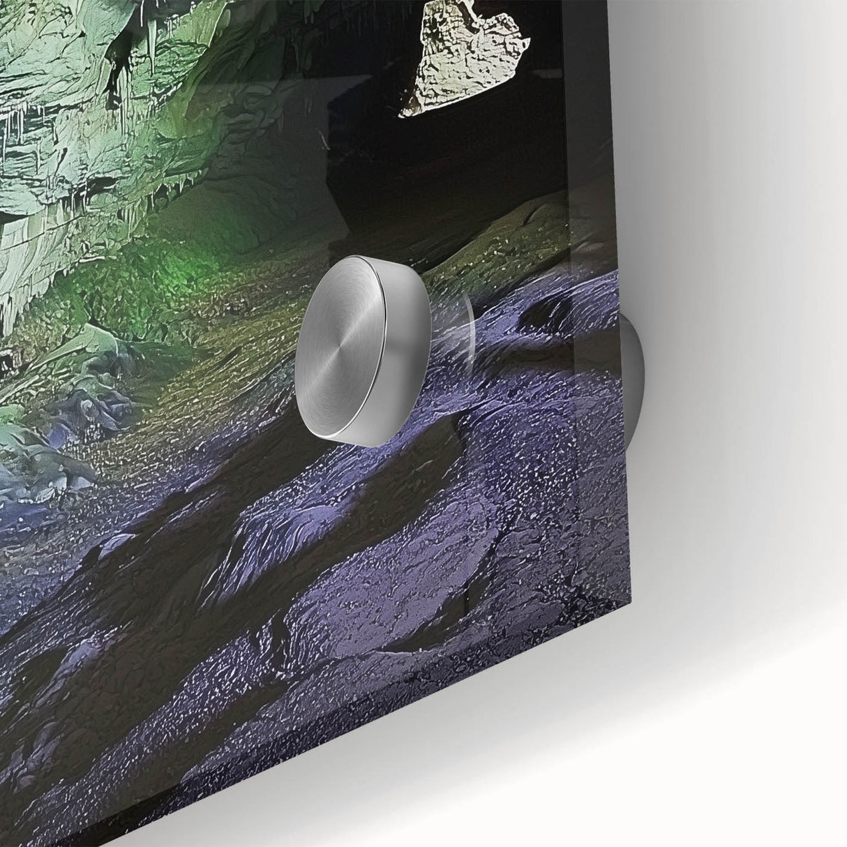 Close-up view of a vibrant acrylic glass artwork depicting a colorful cave landscape, showcasing intricate details and textures, ideal for modern decor.
