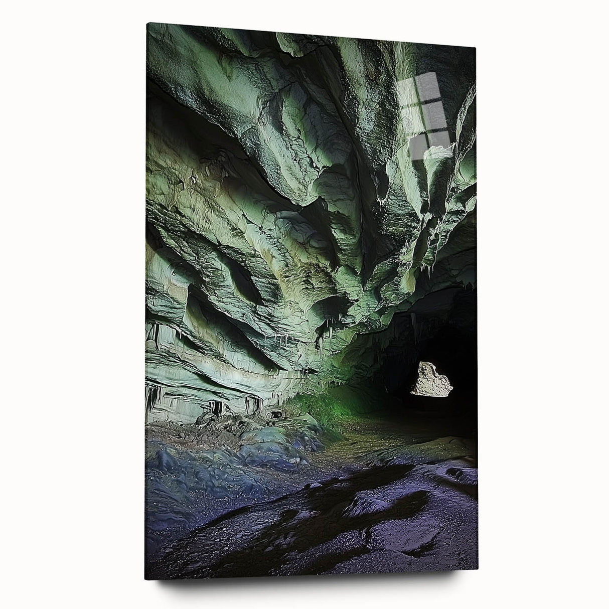 Acrylic landscape artwork depicting a vibrant cave scene in rich colors, displayed in a sleek glass frame with a modern side view, enhancing any interior decor.