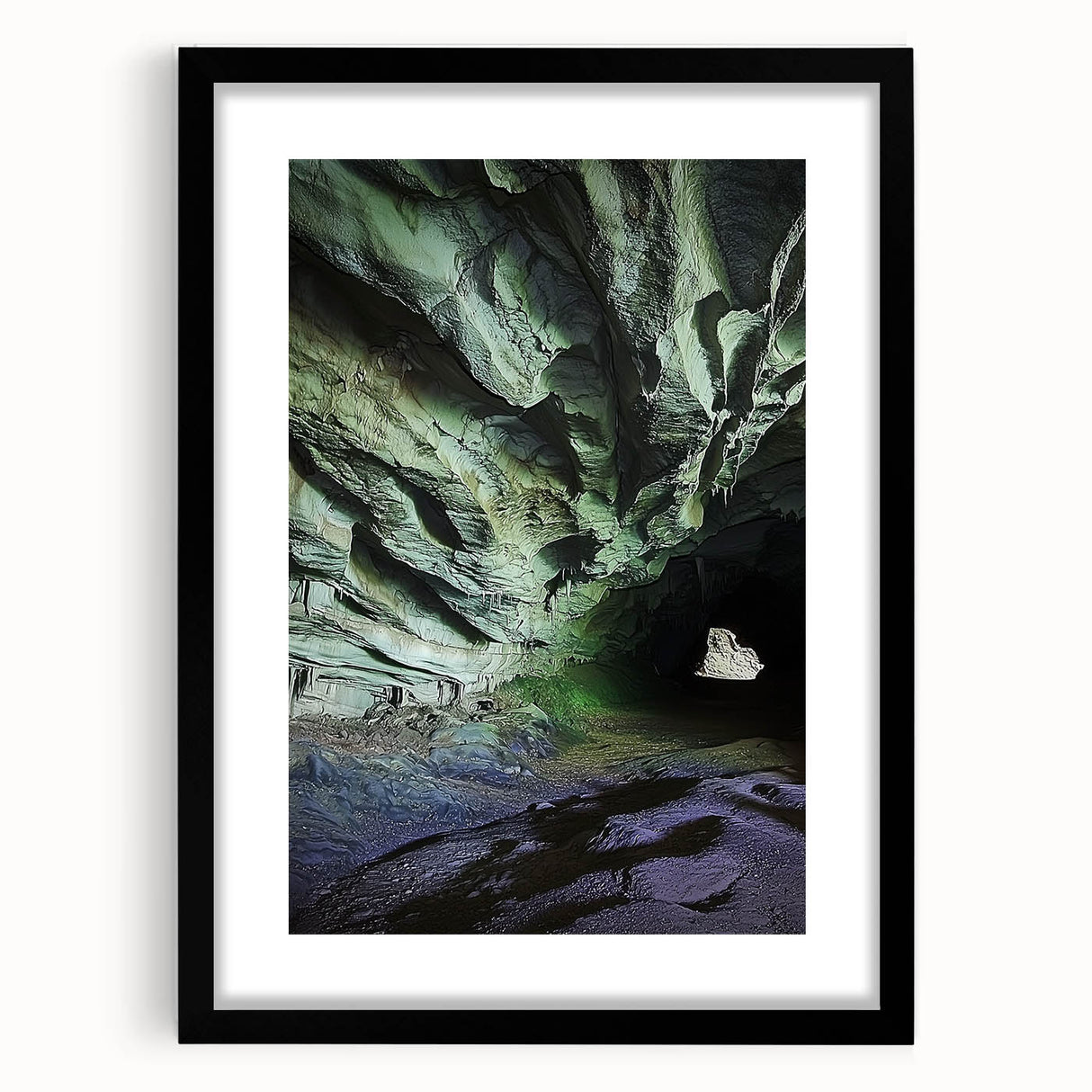 Framed landscape artwork showcasing intricate cave designs in a black mat, perfect for home decor, emphasizing natural beauty and artistic detail.
