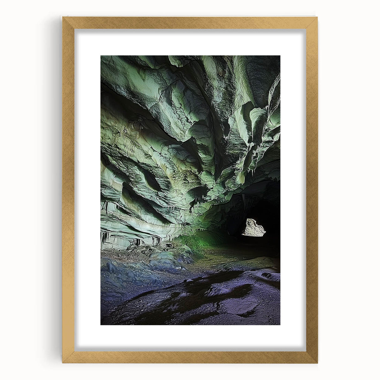 Elegant gold-framed landscape artwork featuring intricate cave designs, showcasing rich textures and colors, ideal for enhancing any modern decor.