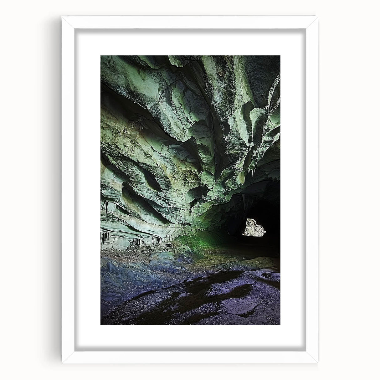 Framed landscape artwork showcasing a cave scene, featuring rich earthy tones and intricate details, presented in a white mat for an elegant finish.