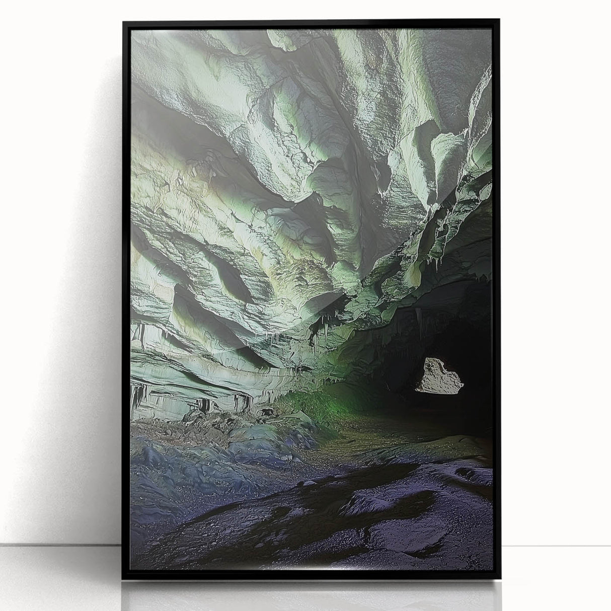 Framed acrylic artwork showcasing a stunning black landscape with cave formations, ideal for modern home decor or art enthusiasts. The sleek black frame enhances the dramatic visual impact of the piece, making it a perfect addition to any contemporary living space.