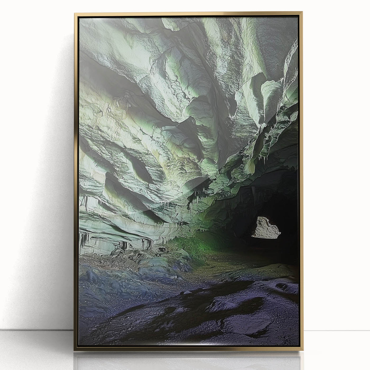 Framed acrylic artwork showcasing a stunning landscape with caves, highlighted by a gold front, perfect for modern home decor and interior design enhancement.