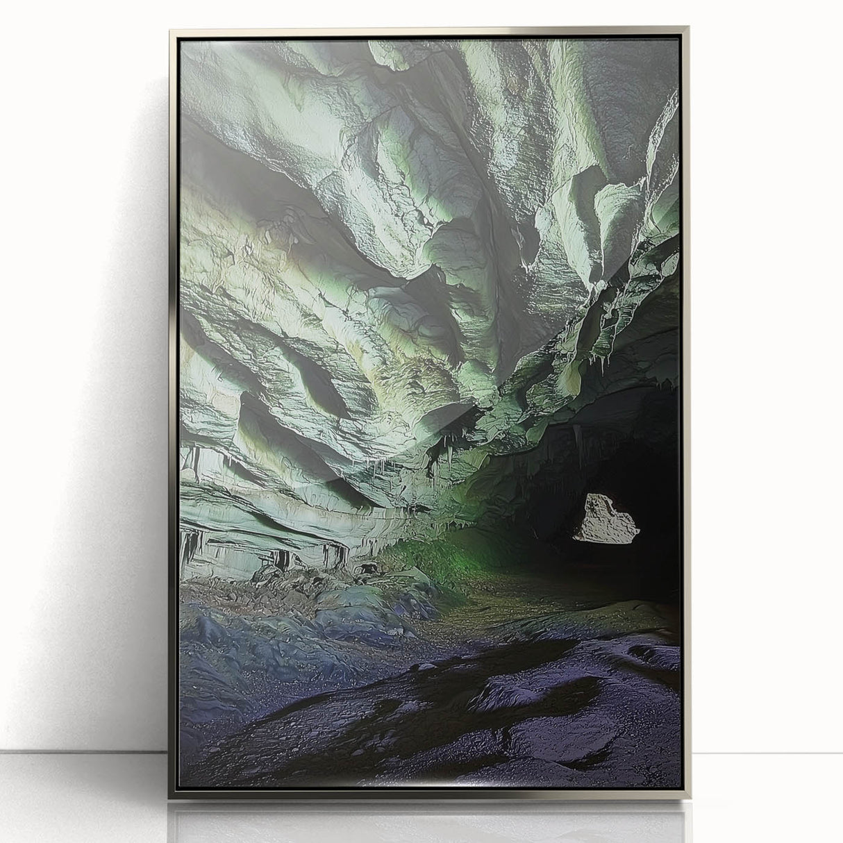 Framed acrylic artwork titled "Landscapes Caves," showcasing a stunning cave scene with rich earth tones and intricate details, perfect for modern home decor.