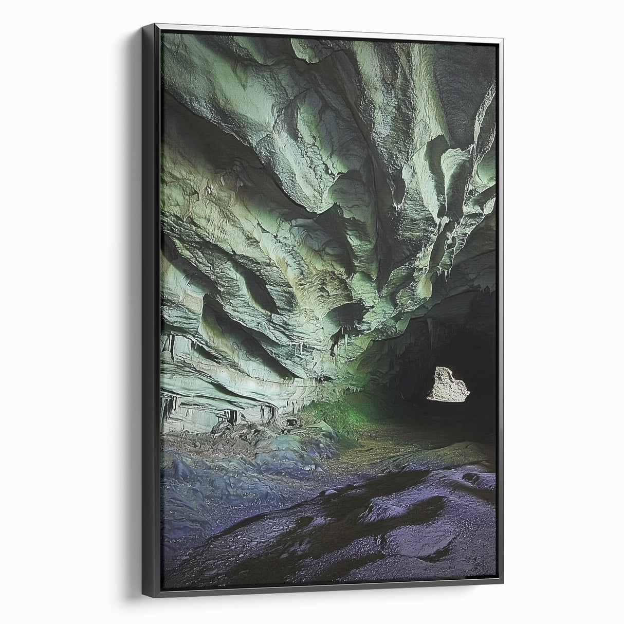 Framed canvas artwork depicting a serene cave landscape with rich textures and deep colors, showcasing a black frame from a side view, ideal for home decor.