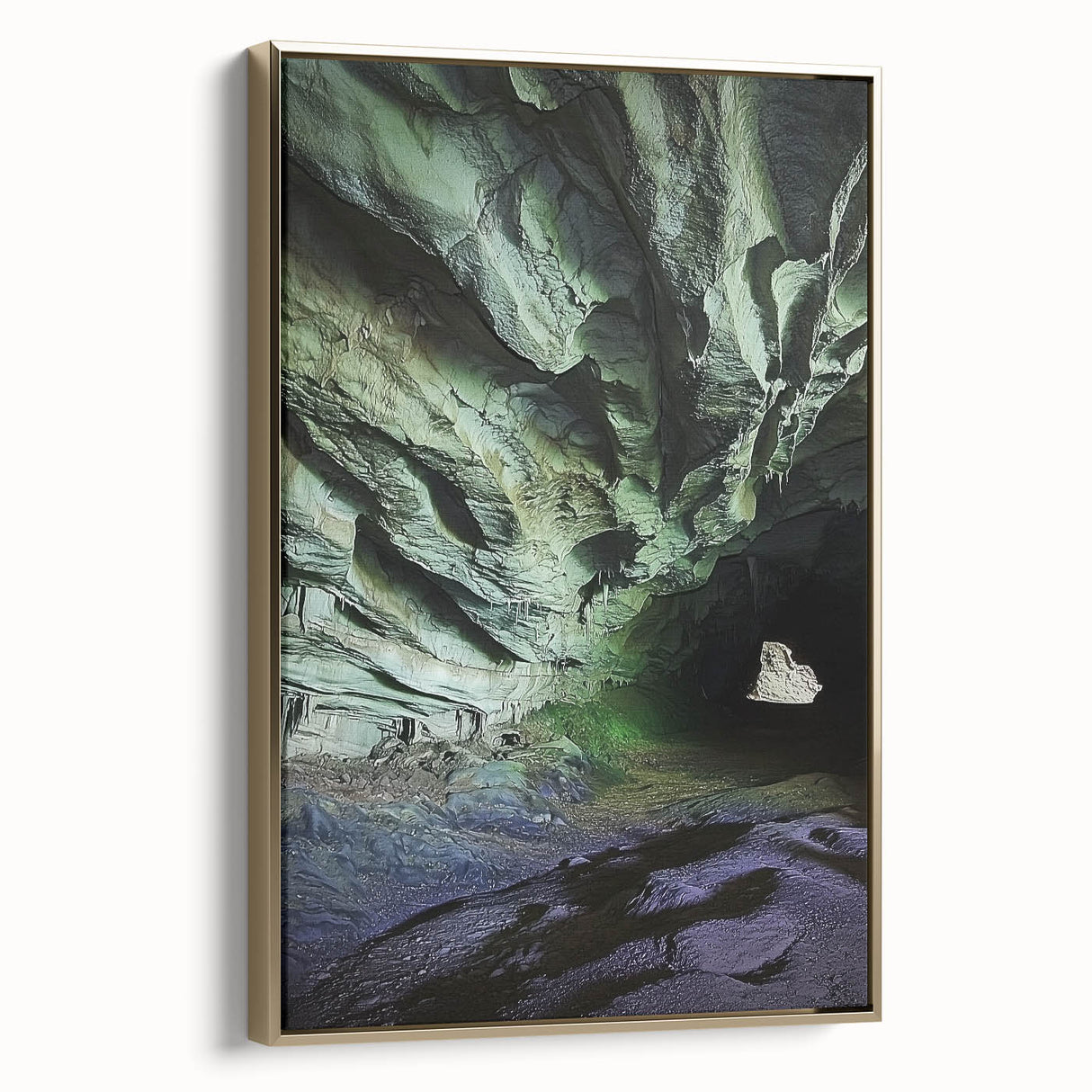 Framed canvas artwork depicting a stunning landscape with caves, featuring a gold side view design that adds an elegant touch to home decor. Ideal for nature enthusiasts and art lovers seeking a unique statement piece.