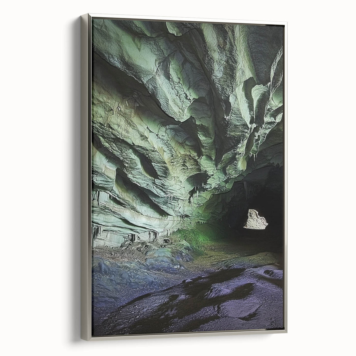 Framed canvas artwork depicting a stunning landscape with intricate cave formations, featuring a silver frame that enhances the visual appeal, perfect for modern home decor.