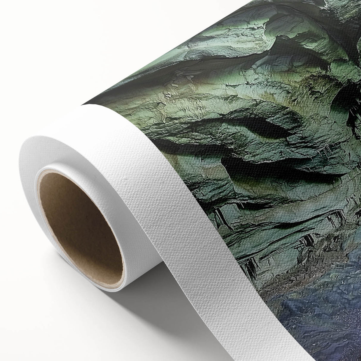 Vibrant rolled canvas artwork depicting a stunning cave landscape with intricate details, showcasing natural rock formations and earthy tones, perfect for home decor.