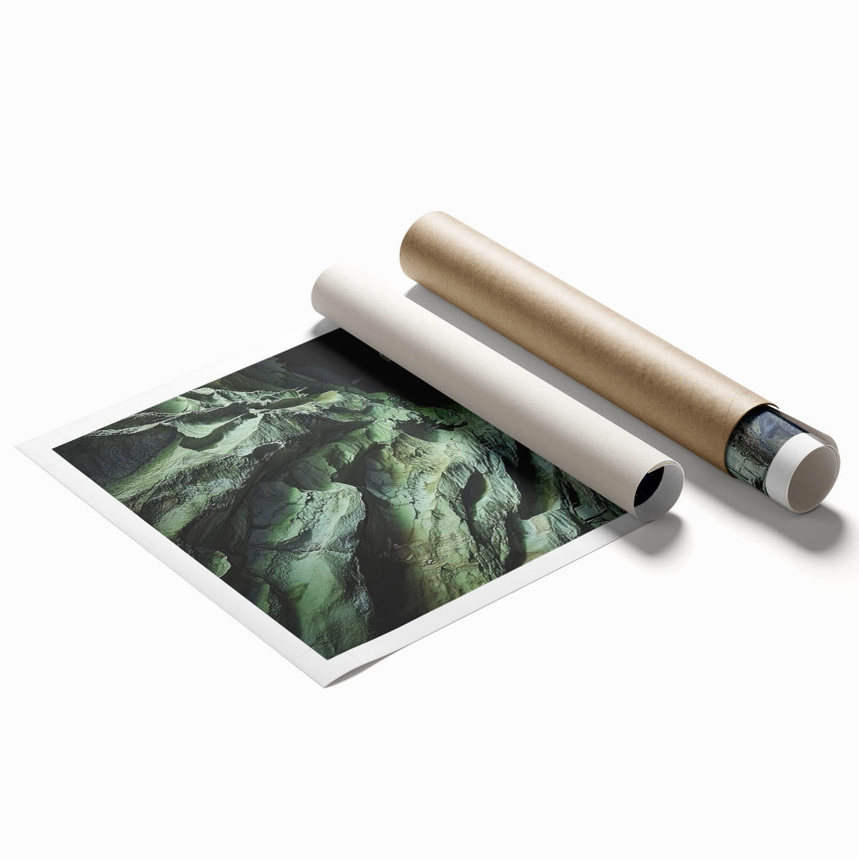 Vibrant rolled print of a stunning cave landscape, showcasing intricate rock formations and earthy tones, perfect for home decor or art enthusiasts.
