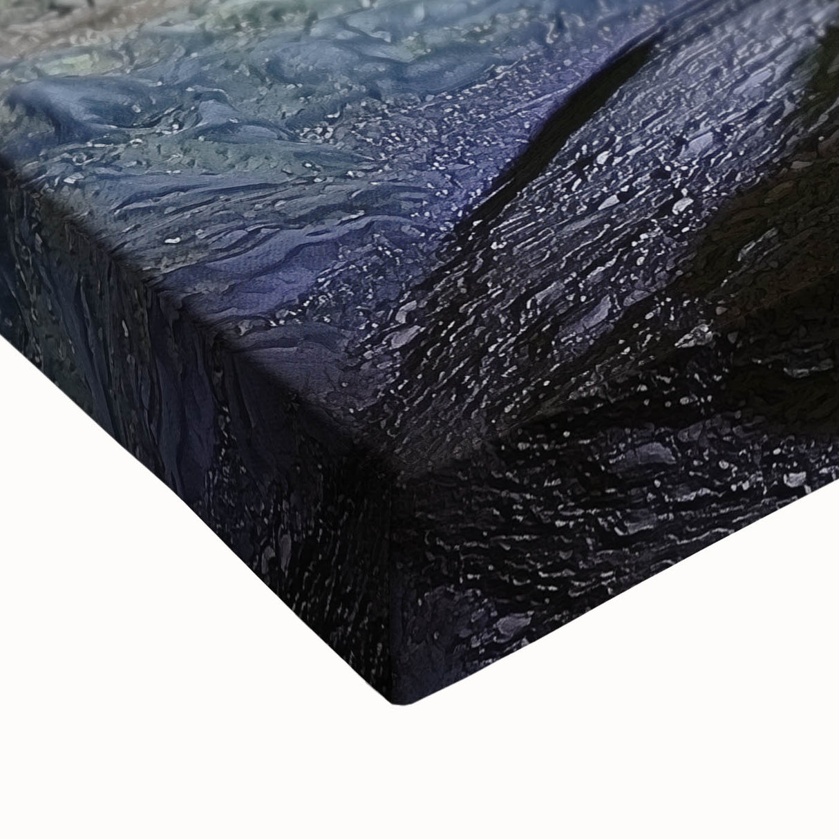 Close-up of a vibrant stretched canvas artwork depicting abstract landscapes with cave formations, showcasing rich colors and intricate textures, ideal for home decor.