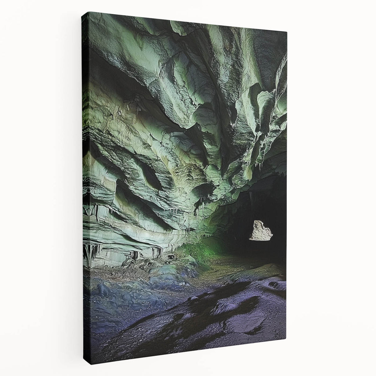 Stretched canvas artwork depicting a serene cave landscape with vibrant colors and intricate details, ideal for adding a natural touch to home decor.
