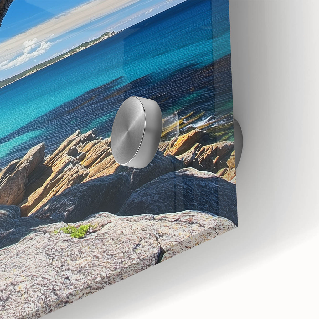 Close-up of a vibrant acrylic artwork depicting dramatic cliffs and landscapes, showcasing intricate textures and vivid colors, perfect for modern home decor.