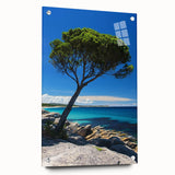 Acrylic landscape artwork displaying dramatic cliffs, viewed from the side with polished glass edges, secured with decorative pins, ideal for modern home decor.