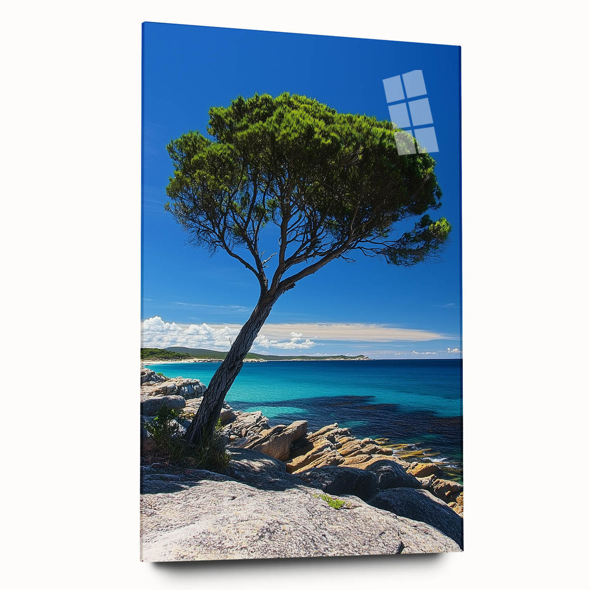 Vibrant acrylic glass artwork showcasing majestic cliffs and landscapes, featuring a side view without pins, perfect for modern home decor and art enthusiasts.
