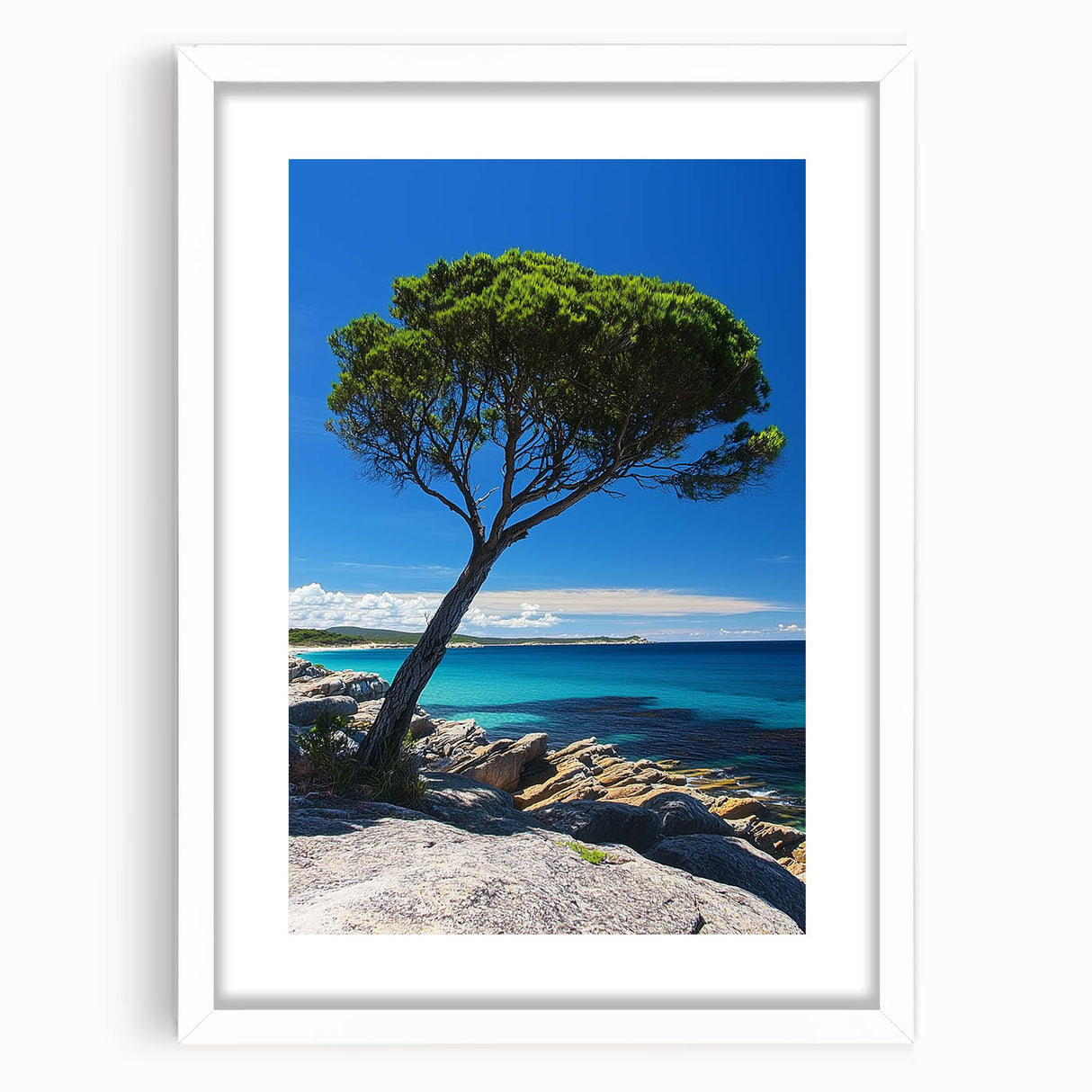 Framed landscape artwork depicting dramatic cliffs, surrounded by a white mat, showcasing natural beauty and serene colors, perfect for home decor.