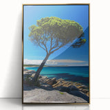 Framed acrylic artwork depicting a stunning landscape of cliffs with gold accents, showcasing vibrant colors and intricate details, perfect for modern home decor.