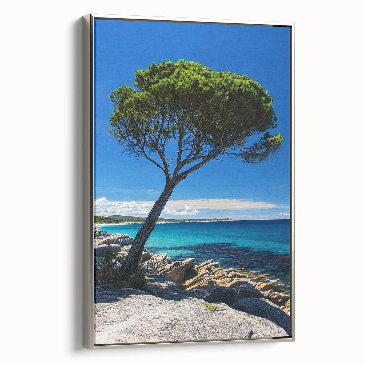 Framed canvas artwork showcasing a stunning landscape of cliffs, highlighted with a silver frame, perfect for contemporary home decor. This elegant piece adds a touch of nature-inspired beauty to any living space.