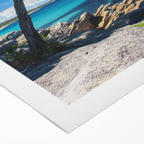 Vibrant rolled canvas showcasing a stunning landscape of cliffs and ocean waves, ideal for home decor. The artwork features rich colors and intricate details, packaged securely for delivery.