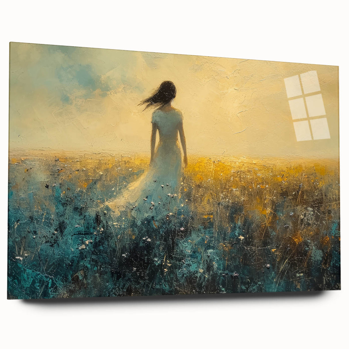 Abstract figurative acrylic artwork displayed in a glass frame, showcasing vibrant colors and dynamic shapes from a side view, ideal for modern home decor.