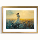 Abstract figurative frame with a gold mat, showcasing a modern artistic design that blends vibrant colors and intricate shapes, perfect for contemporary home decor.