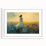 Abstract figurative artwork framed in a sleek white mat, showcasing vibrant colors and dynamic shapes, ideal for modern home decor or art collection.