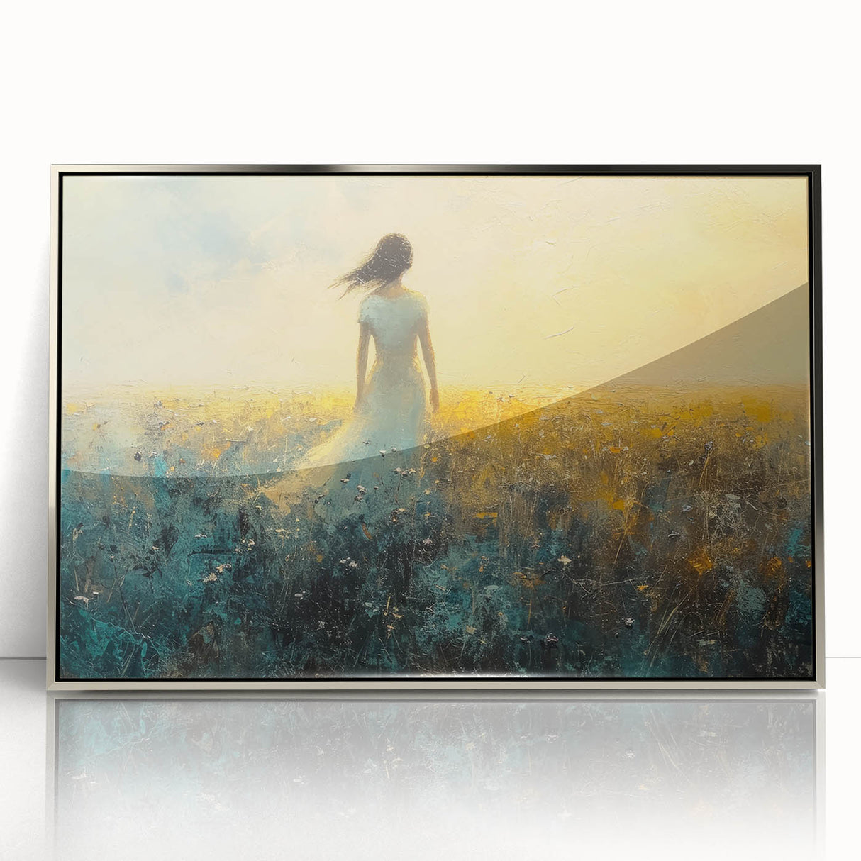 Framed abstract figurative wall art piece with a silver acrylic finish, showcasing a unique blend of colors and shapes, perfect for modern home decor.