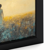 Close-up of a framed abstract figurative canvas artwork showcasing vibrant colors and intricate details, perfect for modern home decor or gallery display.
