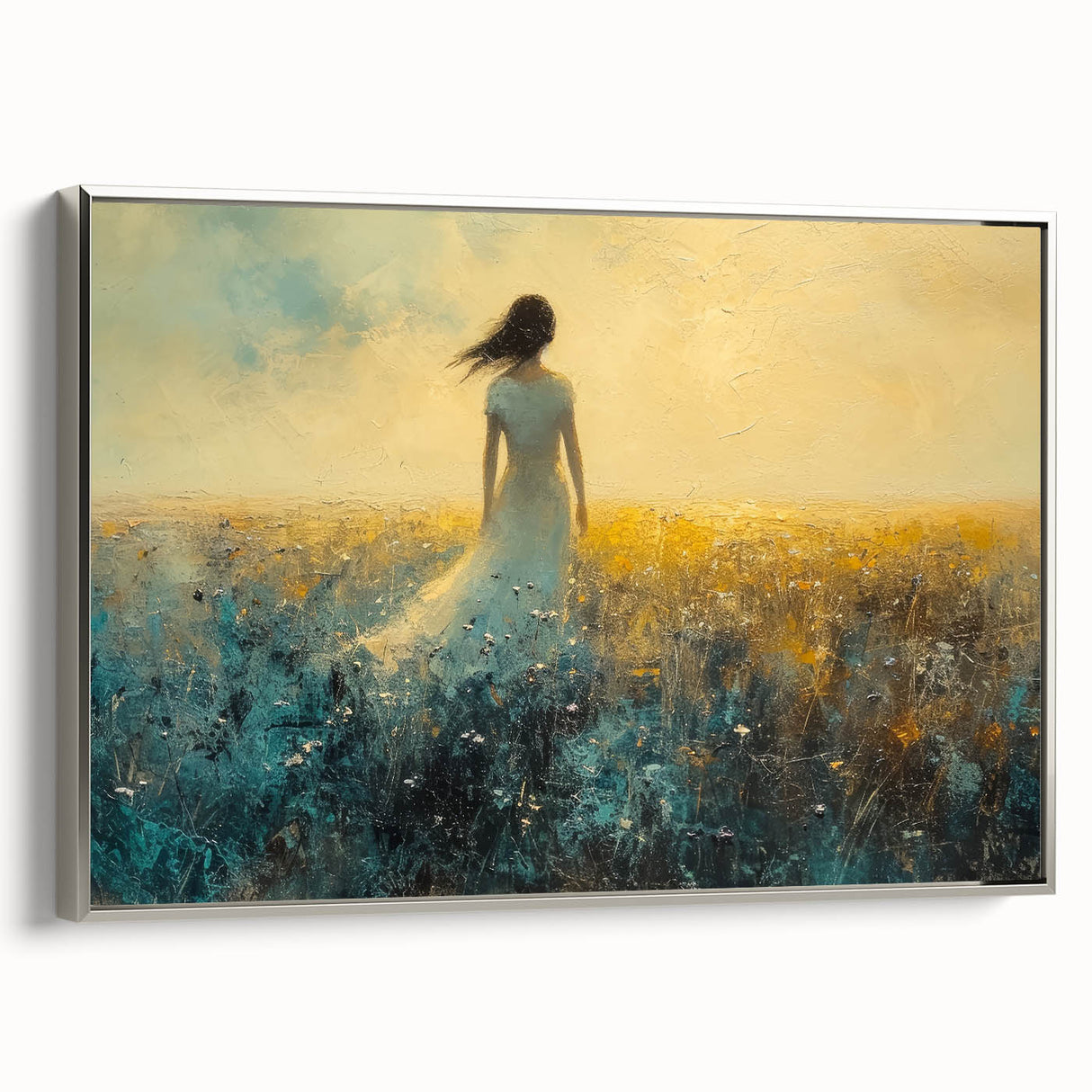 Framed abstract figurative canvas artwork with a silver frame, showcasing unique shapes and vibrant colors, perfect for modern home decor or art enthusiasts.