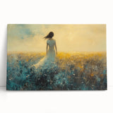 Abstract figurative stretched canvas artwork featuring vibrant colors and dynamic shapes, leaning against a neutral wall, perfect for modern home decor.