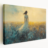 Abstract figurative stretched canvas artwork showcasing vibrant colors and dynamic shapes, displayed in a side view, perfect for modern home decor.