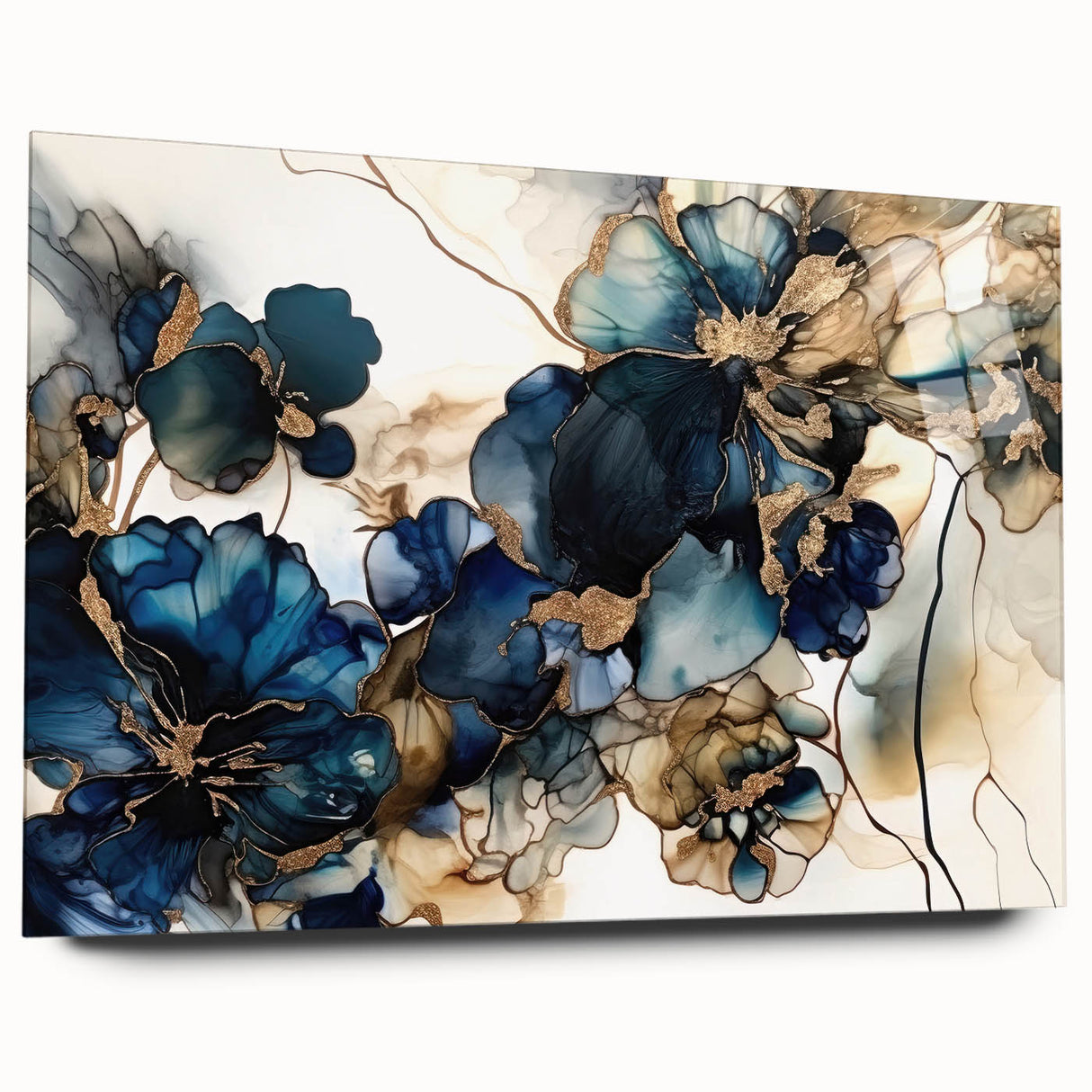 Abstract floral wall art displayed in a side view, showcasing vibrant colors and intricate details, set in acrylic glass for an elegant finish.