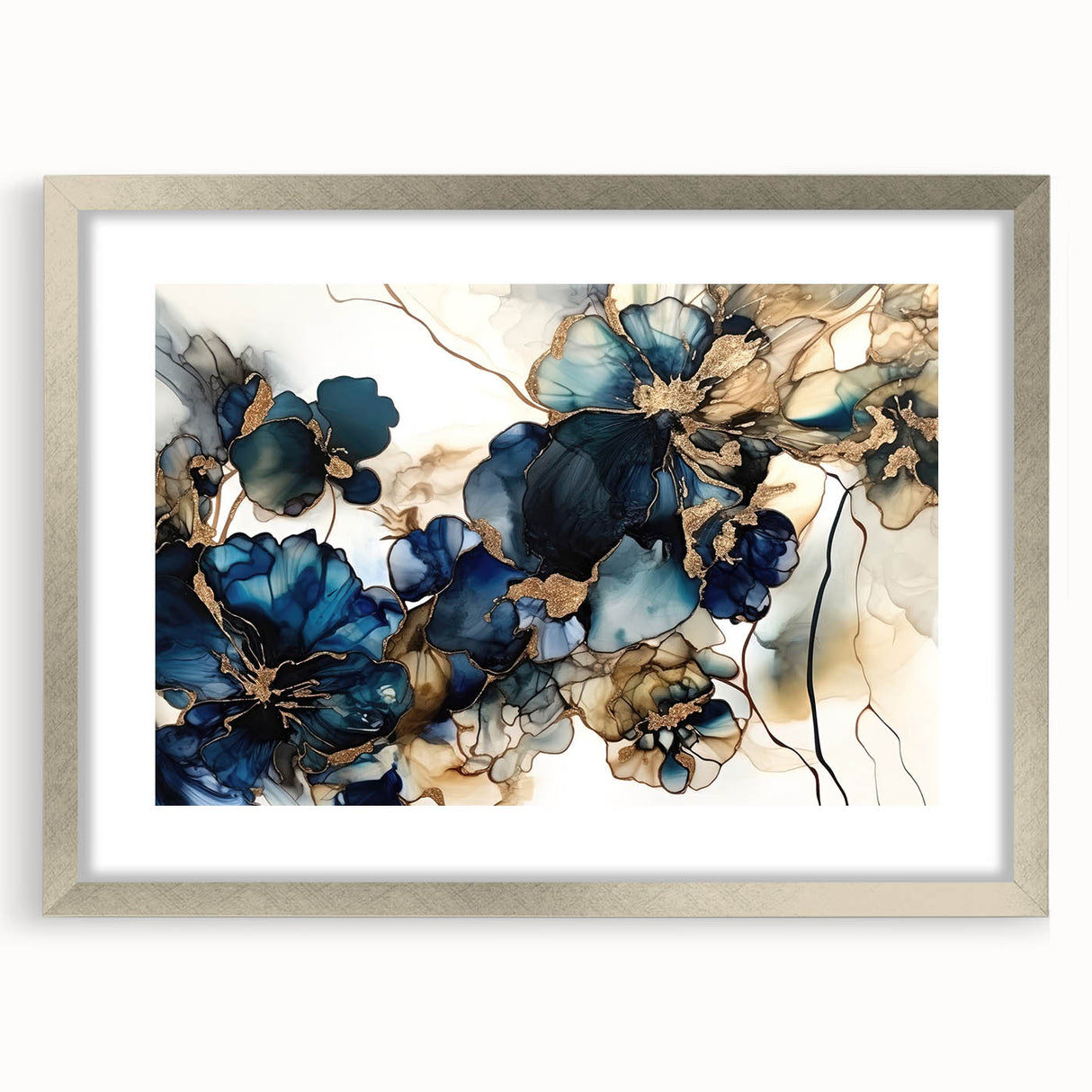 Abstract floral wall art framed in silver with a mat, showcasing vibrant colors and intricate designs, perfect for home decor or office spaces.