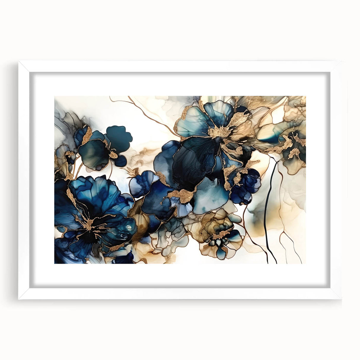 Abstract floral wall art framed in white with a mat, showcasing vibrant colors and intricate designs, ideal for enhancing modern home decor aesthetics.