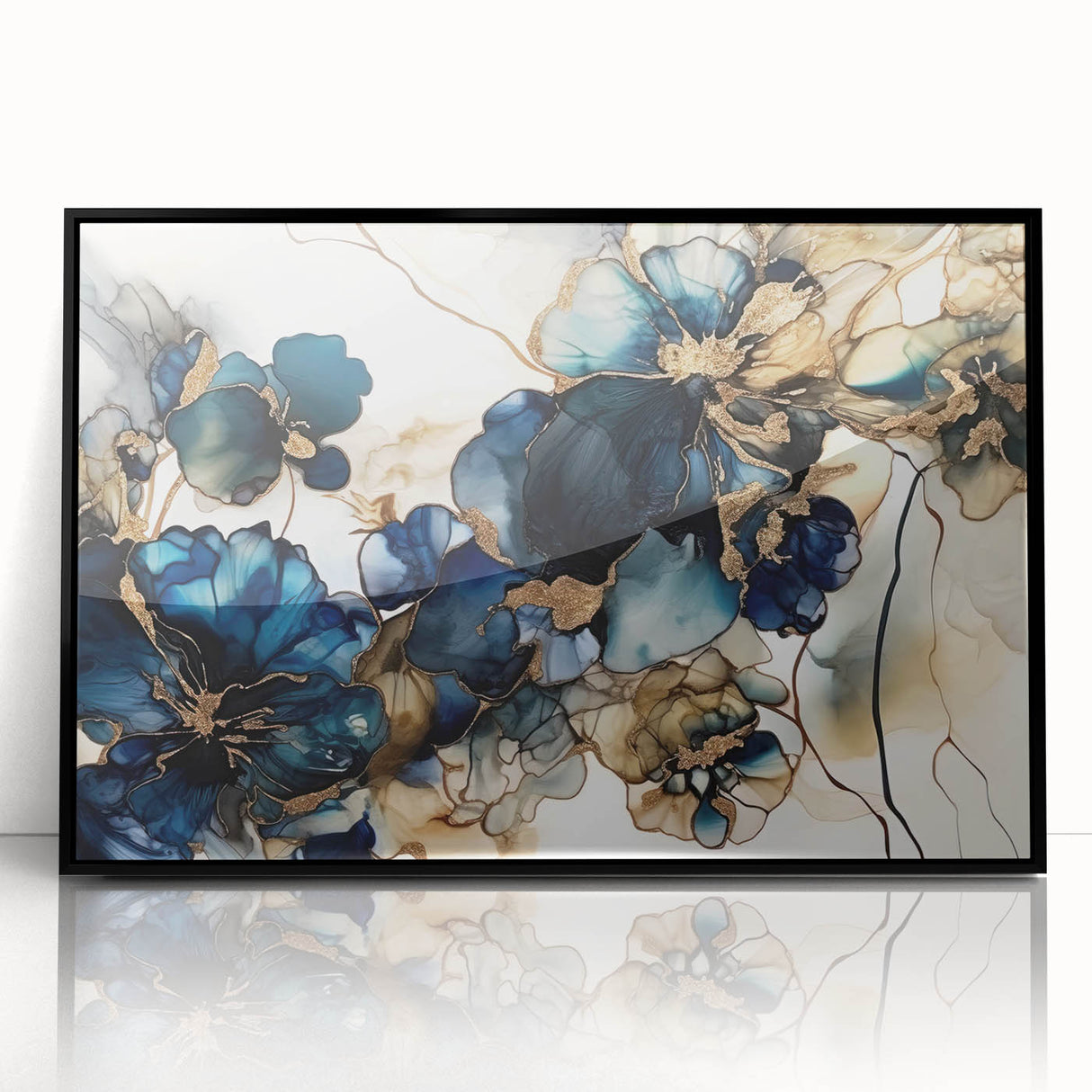 Framed abstract floral wall art in black acrylic, showcasing vibrant colors and intricate designs, perfect for modern home decor or office settings.