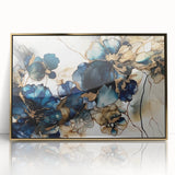 Framed abstract floral wall art featuring vibrant colors of pink, purple, and gold, elegantly displayed in an acrylic frame, perfect for modern home decor.