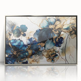 Framed abstract floral wall art featuring vibrant colors and intricate designs, elegantly showcased in a sleek silver acrylic frame, perfect for modern decor.