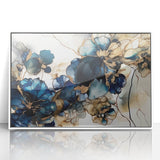 Framed abstract floral wall art in a sleek white frame, featuring vibrant colors and intricate designs, perfect for modern home decor and enhancing any room's ambiance.